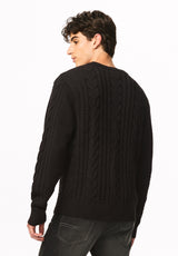 Wicap Men's Cable Knit Crew Neck Sweater, Black - BM24913
