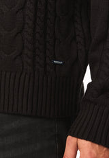 Wicap Men's Cable Knit Crew Neck Sweater, Black - BM24913