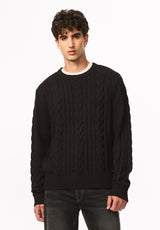 Wicap Men's Cable Knit Crew Neck Sweater, Black - BM24913