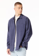 Shogo Men's Oversized Textured Stripe Shirt, Vintage Indigo - BM24926