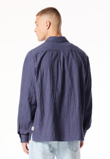 Shogo Men's Oversized Textured Stripe Shirt, Vintage Indigo - BM24926