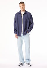 Shogo Men's Oversized Textured Stripe Shirt, Vintage Indigo - BM24926