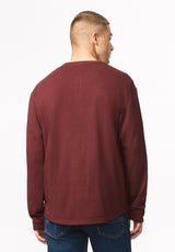 Kambo Men's Ribbed Long Sleeve Henley, Red Mahogany - BM24974