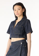 Selena Women's Denim Cropped Top with Patch Pockets, Indigo - BL16016