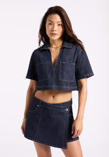Selena Women's Denim Cropped Top with Patch Pockets, Indigo - BL16016