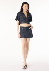 Olivia Women's Denim Skort with Overlap Detail, Indigo - BL16017