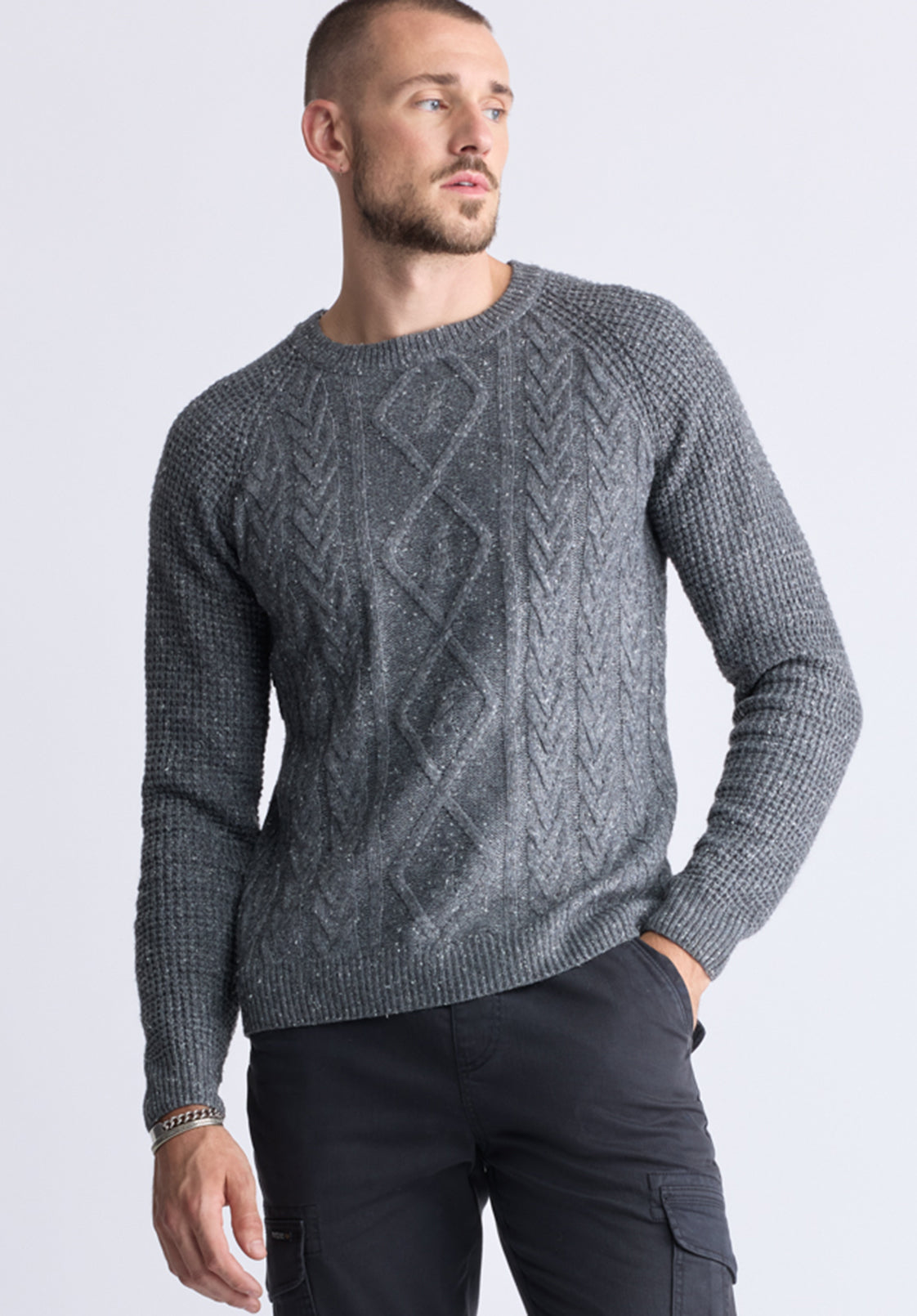 Wallaby Men's Nep Yarn Cable Knit Crewneck Sweater, Grey - BM24417