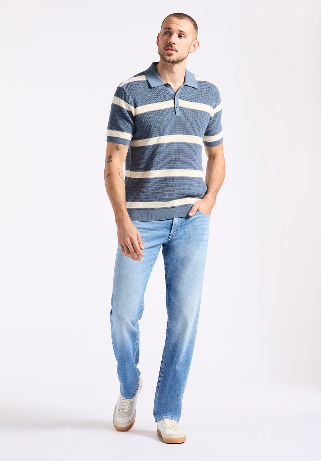Winder Men's Short-Sleeve Striped Sweater Polo, Mirage Blue