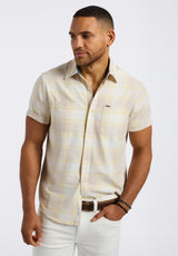 Sagrino Men's Short-Sleeve Plaid Fitted Shirt with Chest Pockets, Milk - BM24553