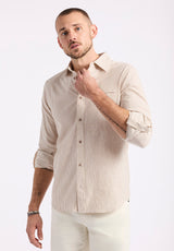Buffalo David Bitton Simbio Men's Long-Sleeve Linen Blend Striped Fitted Shirt Color WOODSMOKE