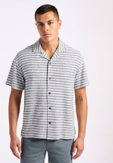 Koddy Men's Short-Sleeve Striped Jersey Button-Up Relaxed Fit Shirt, Midnight Blue - BM24599