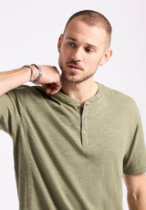 Kandido Men's Short Sleeve Slub Jersey Relaxed Henley Top, Army Green - BM24605