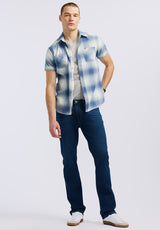 Buffalo David Bitton Sagrino Men's Short-Sleeve Plaid Fitted Shirt color MOONLIGHT BLUE