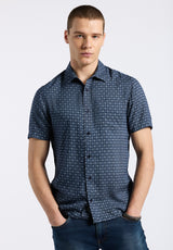 Sirilo Men's Short Sleeve Fitted Shirt with Geometric Print, Midnight Blue - BM24653