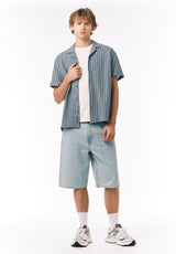 Buffalo David Bitton Koddy Men’s Textured Striped Short Sleeve Boxy Knit Shirt COLOR Faded Denim