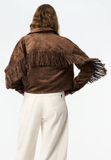 Bibi Women's Western Fringe Cropped Jacket in Faux Suede color CARAMEL
