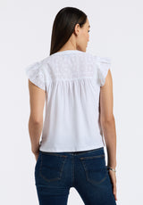 Buffalo David Bitton Mckaylie Women's Split Neck Flutter Sleeve Top with Embroidered Lace Details Color WHITE