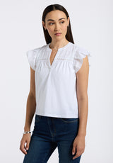Mckaylie Women's Split Neck Flutter Sleeve Top with Embroidered Lace Details, White - KT0210P
