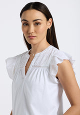 Buffalo David Bitton Mckaylie Women's Split Neck Flutter Sleeve Top with Embroidered Lace Details Color WHITE