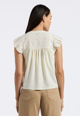 Buffalo David Bitton Mckaylie Women's Split Neck Flutter Sleeve Top with Embroidered Lace Details Color PARCHMENT