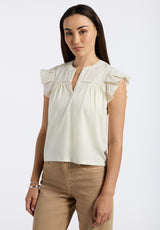 Buffalo David Bitton Mckaylie Women's Split Neck Flutter Sleeve Top with Embroidered Lace Details Color PARCHMENT