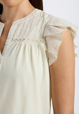 Buffalo David Bitton Mckaylie Women's Split Neck Flutter Sleeve Top with Embroidered Lace Details Color PARCHMENT