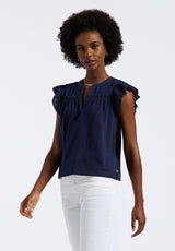 Buffalo David Bitton Mckaylie Women's Split Neck Flutter Sleeve Top with Embroidered Lace Details Color PEACOAT