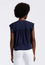 Buffalo David Bitton Mckaylie Women's Split Neck Flutter Sleeve Top with Embroidered Lace Details Color PEACOAT