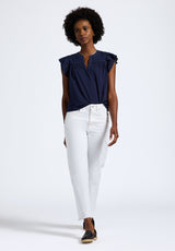 Buffalo David Bitton Mckaylie Women's Split Neck Flutter Sleeve Top with Embroidered Lace Details Color PEACOAT