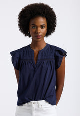 Mckaylie Women's Split Neck Flutter Sleeve Top with Embroidered Lace Details, Navy - KT0210P