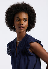 Buffalo David Bitton Mckaylie Women's Split Neck Flutter Sleeve Top with Embroidered Lace Details Color PEACOAT