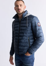 Vince Men’s Quilted Puffer Zip-Up Jacket with Contrasting Hoodie, Navy - OBMFE003