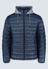 Vince Men’s Quilted Puffer Zip-Up Jacket with Contrasting Hoodie, Navy - OBMFE003