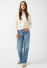 Buffalo David Bitton Magari Ivory Women's Long Sleeve Crewneck Cable Sweater - SW0030H