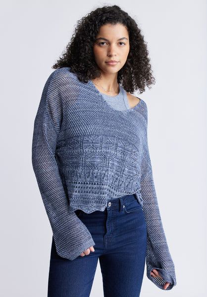 Buffalo David Bitton Cornelia Women's Crochet Cropped Sweater, Denim Blue - SW0056S Color DARK DENIM