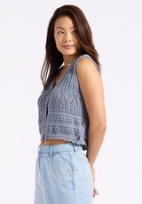 Buffalo David Bitton Merrybell Women's Pointelle Knit Vest with Button-Down Front Color BLEACHED DENIM