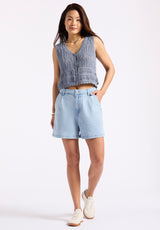 Buffalo David Bitton Merrybell Women's Pointelle Knit Vest with Button-Down Front Color BLEACHED DENIM