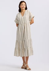 Aurinda Women's Tiered Striped Midi Dress, Parchment - WD0094P