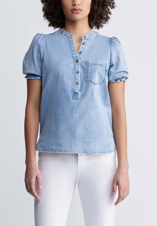 Buffalo David Bitton Lenore Women’s Puffed Sleeve Blouse in Vintage Blue - WT0086P Color CLASSIC VINTAGE