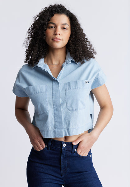 Buffalo David Bitton Fenella Women's Short Sleeve Crop Shirt, Blue - WT0088S Color LT AZURE WASH