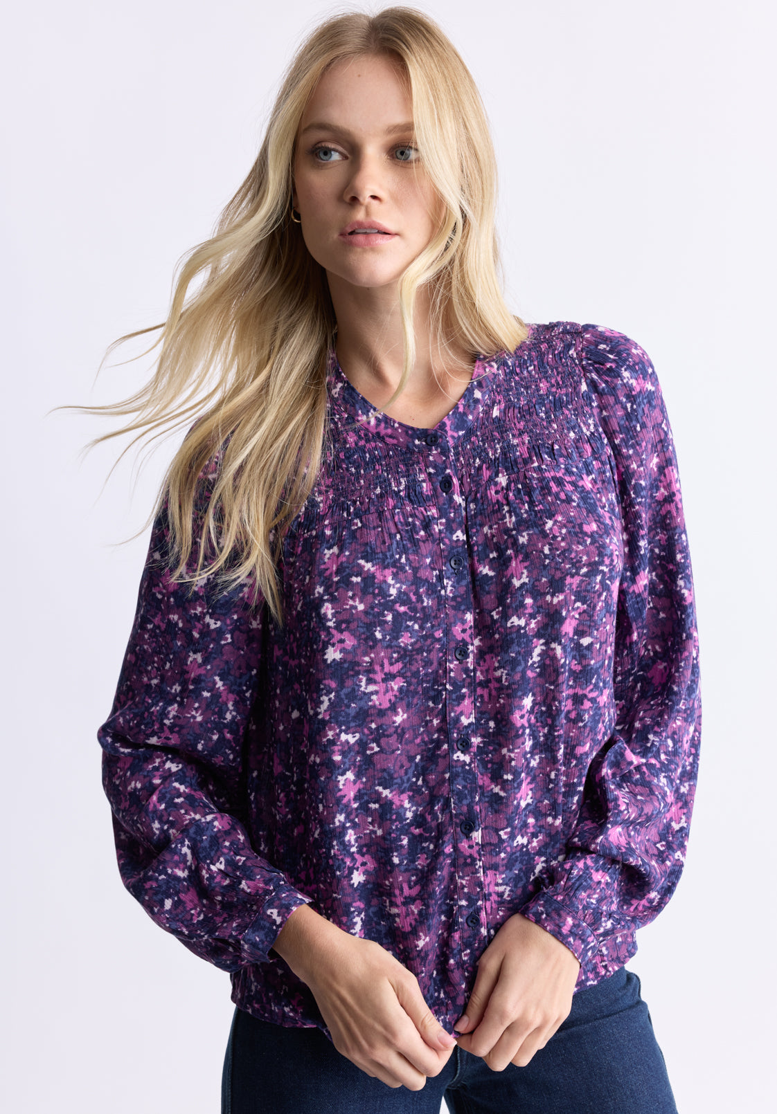 Zosia Women's Floral Print Smocked Blouse, Blurred Floral