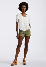 Buffalo David Bitton Saarik Women's Textured Plaid Button-Down Blouse with Puff Sleeves and Relaxed Fit Color WHITE