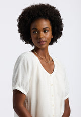 Buffalo David Bitton Saarik Women's Textured Plaid Button-Down Blouse with Puff Sleeves and Relaxed Fit Color WHITE