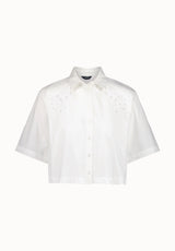 Sorcha Women's Short-Sleeve Cropped Shirt with Embroidered Floral Details, White - WT0158P