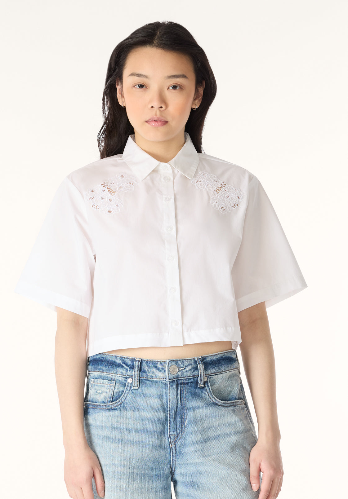 Gypsophila Crystal Blouse 　36 Sorcha Short Sleeve Lace Detail Button-Up Blouse – Buffalo Jeans