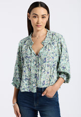 Maylah Women's Floral Print Long-Sleeve Smocked Blouse, Green Floral - WT0174P