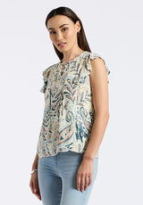 Buffalo David Bitton Tinlee Women's Sleeveless Floral Ruffle Blouse with Pintuck Details Color PAISLEY