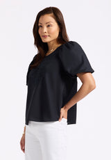 Buffalo David Bitton Leonella Women's Puff Sleeve Embroidered Blouse Color BLACK