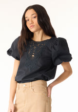 Leonella Women's Puff Sleeve Embroidered Blouse, Black - WT0204P