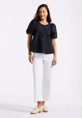 Buffalo David Bitton Leonella Women's Puff Sleeve Embroidered Blouse Color BLACK